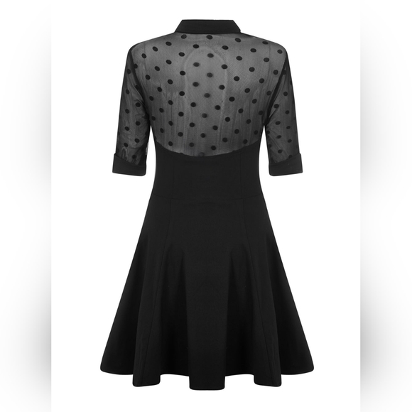 NWOT Collectif Wednesday Black Flocked Polka Dot Collared Swing Dress - Picture 6 of 16